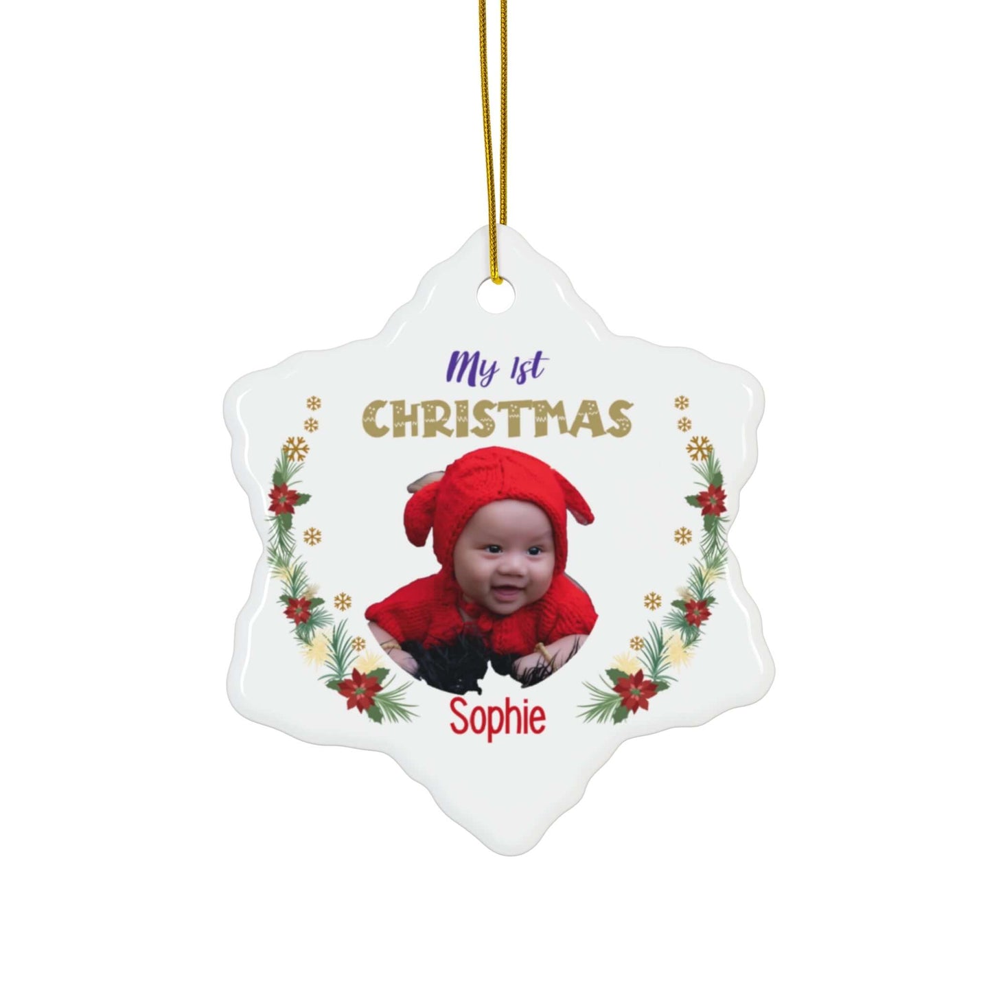My 1st Christmas Ornament – Custom Photo in 4 Shapes featuring a baby in a red outfit and festive decorations.
