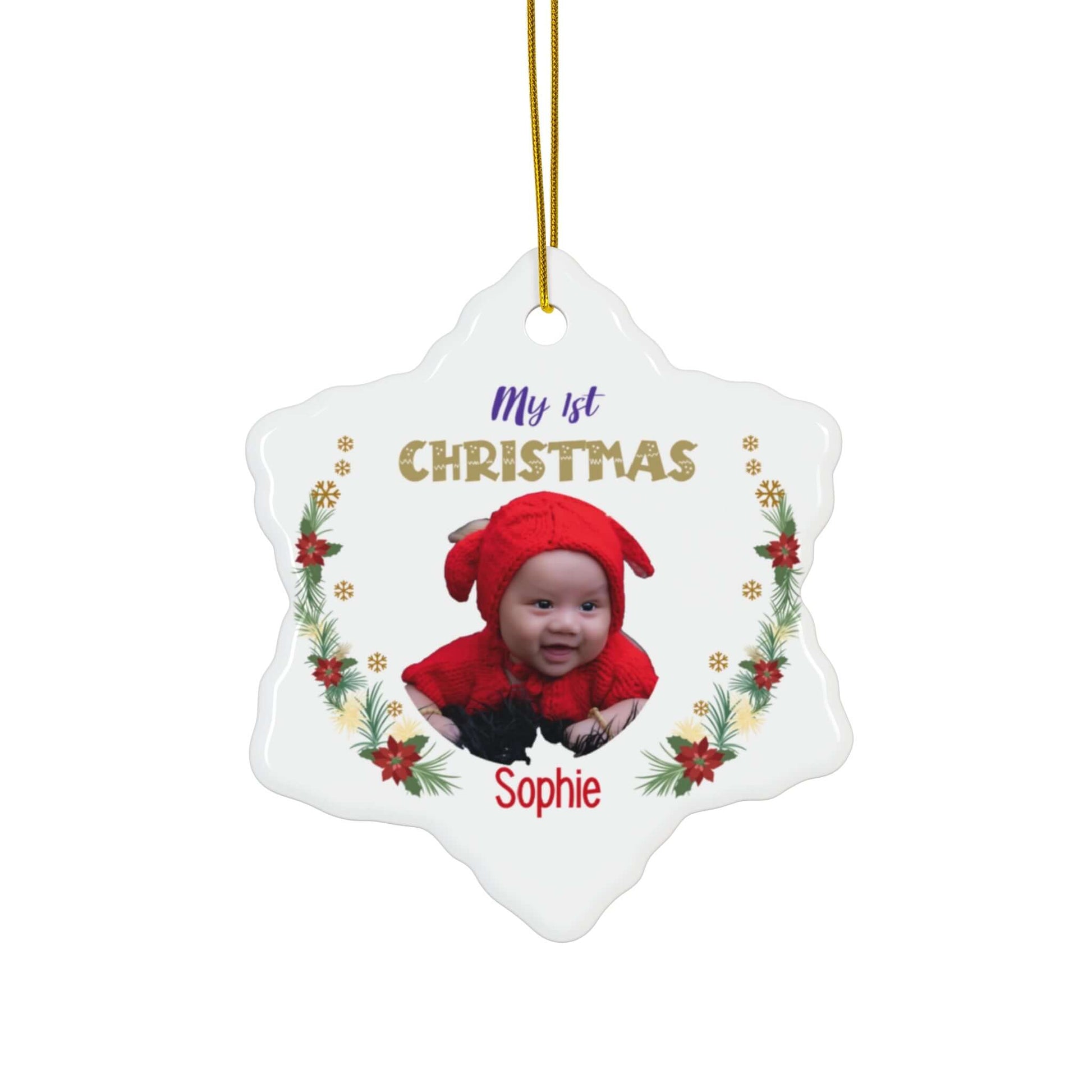 My 1st Christmas Ornament – Custom Photo in 4 Shapes featuring a baby in a red outfit and festive decorations.