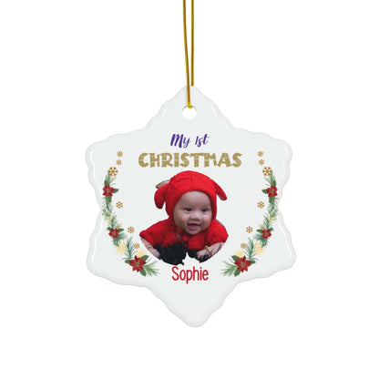 My 1st Christmas Ornament – Custom Photo in 4 Shapes featuring a baby in a red outfit and festive decorations.