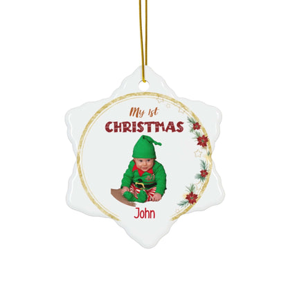My 1st Christmas Ornament – Custom Photo in 4 Shapes featuring a baby's photo with festive design.