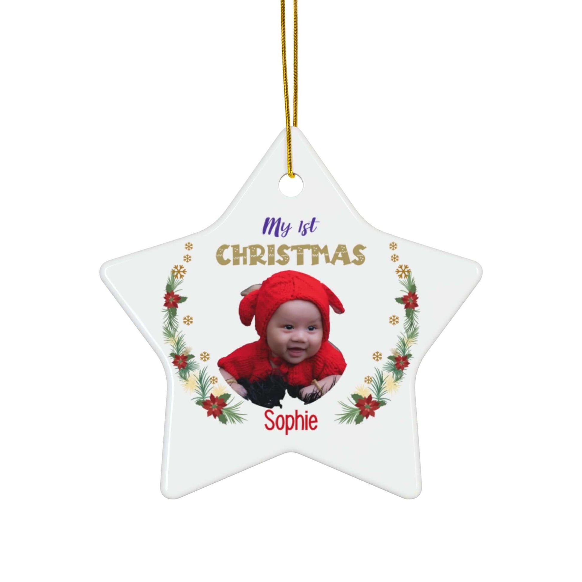 My 1st Christmas Ornament – Custom Photo in 4 Shapes featuring a baby in festive attire.