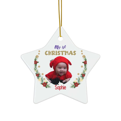 My 1st Christmas Ornament – Custom Photo in 4 Shapes featuring a baby in festive attire.