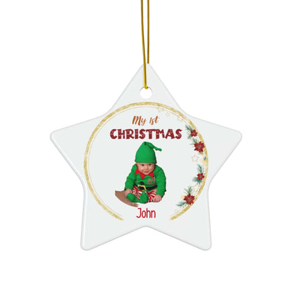 My 1st Christmas Ornament – Custom Photo in 4 Shapes featuring a baby in a festive outfit.