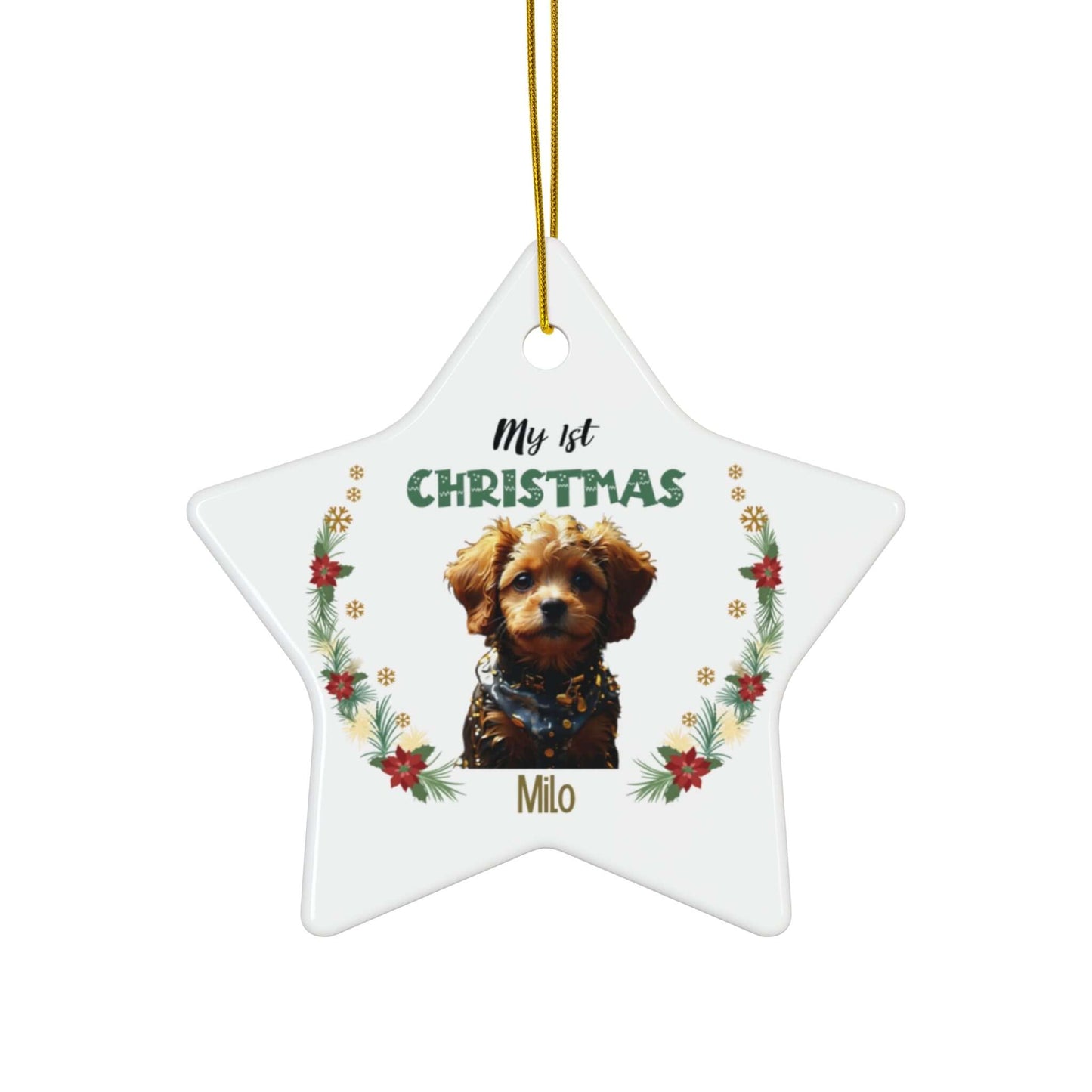 My 1st Christmas Ornament – Custom Photo in 4 Shapes featuring a cute puppy with festive borders.