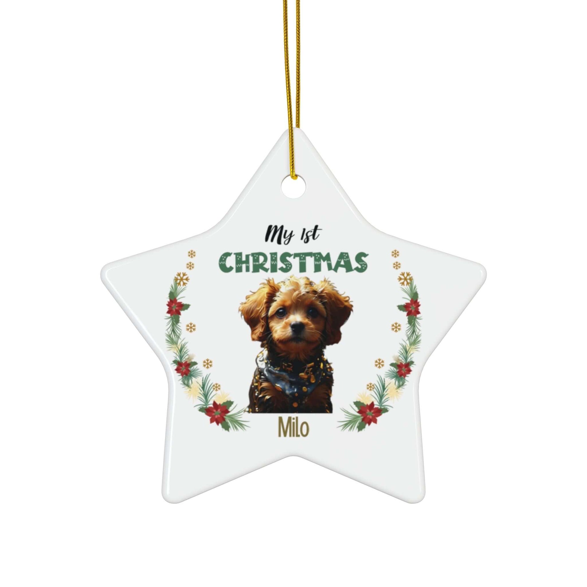 My 1st Christmas Ornament – Custom Photo in 4 Shapes featuring a cute puppy with festive borders.