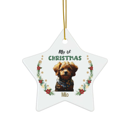My 1st Christmas Ornament – Custom Photo in 4 Shapes featuring a cute puppy with festive borders.