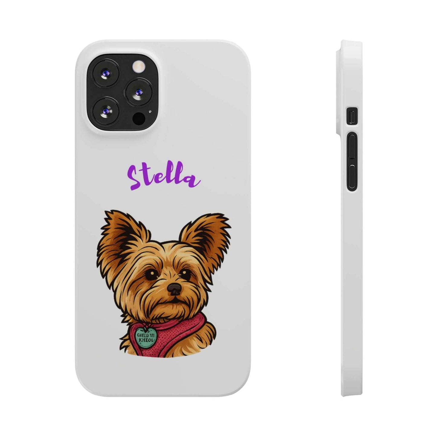 Custom cartoon phone case featuring a cute illustration of a dog named Stella, perfect for dog lovers.