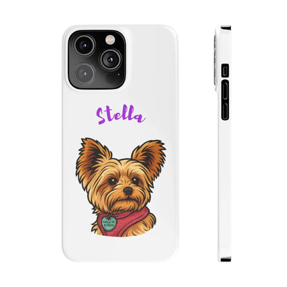 Custom cartoon phone case featuring a cute dog portrait named Stella, perfect for dog lovers.