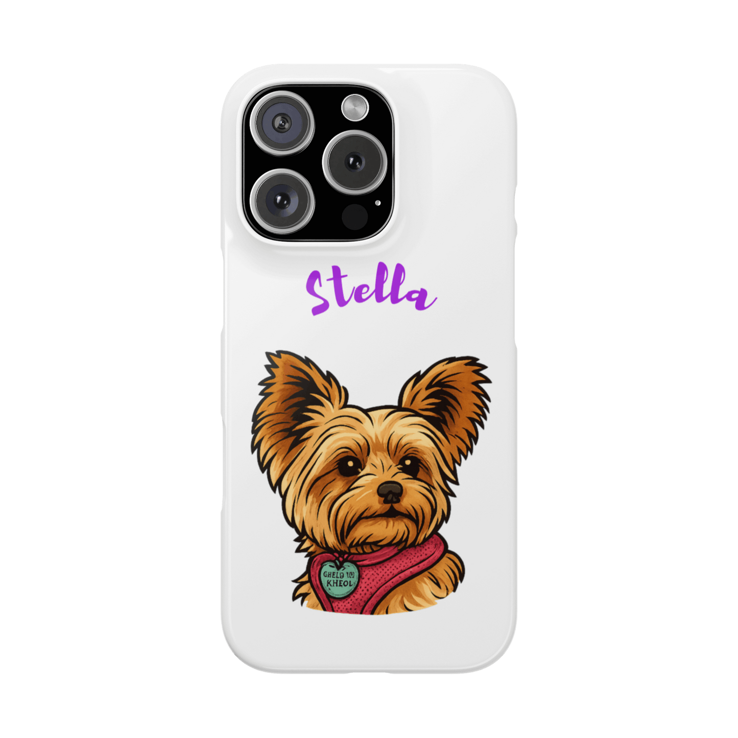 Custom cartoon dog phone case featuring a cute Yorkie named Stella with personalized lettering.