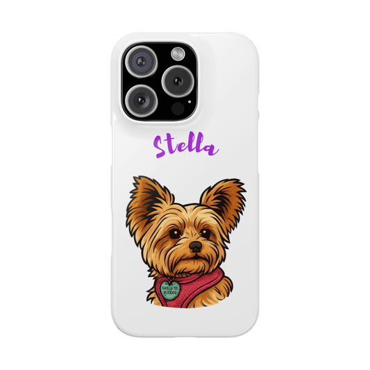Custom cartoon dog phone case featuring a cute Yorkie named Stella with personalized lettering.
