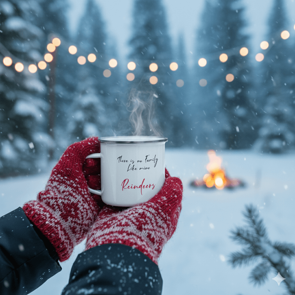 Custom Family Mug – Personalized Crossword Enamel Cup for Gifting held by mittens in snowy setting.