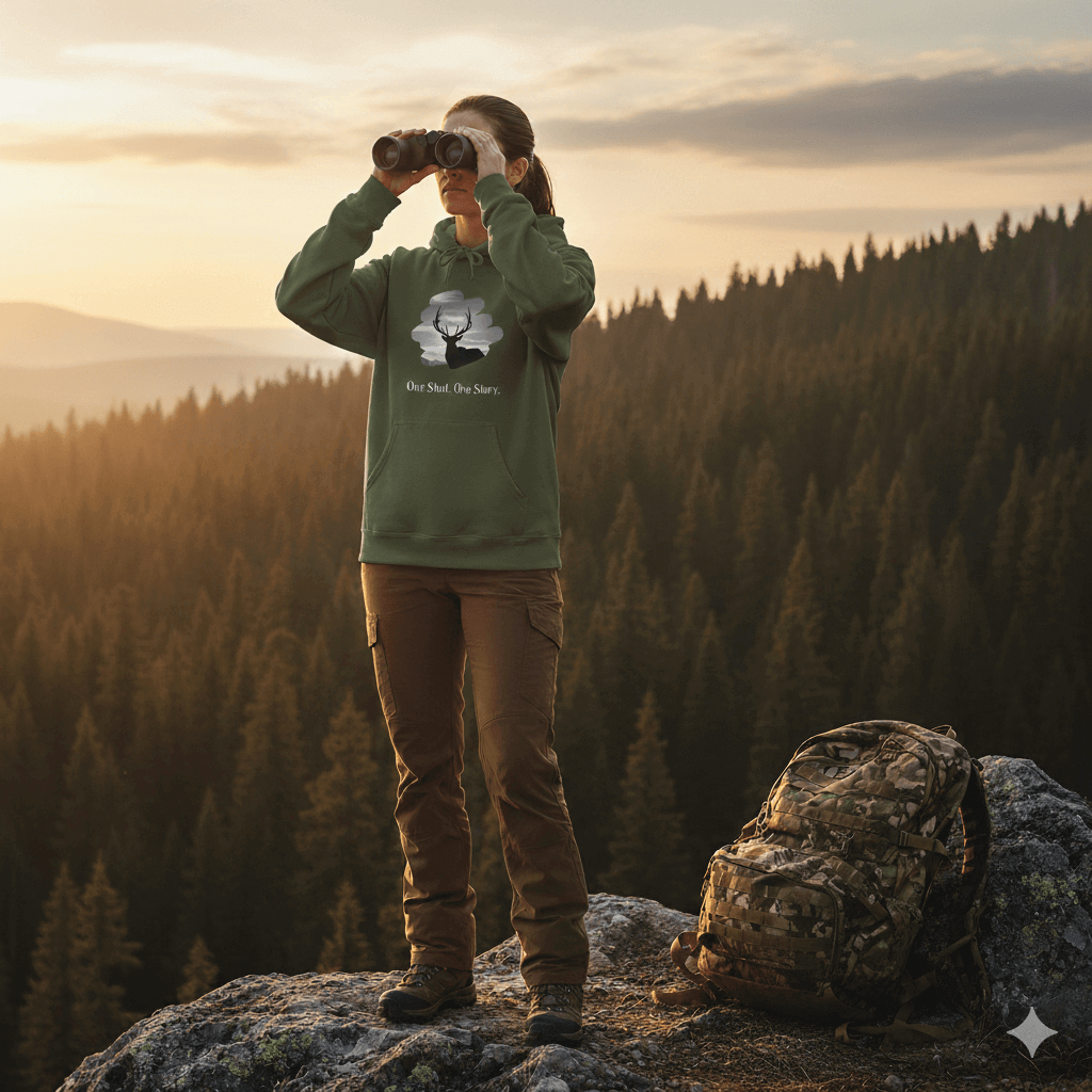 Woman in Elk Hunting Hoodie – Custom Mantra Outdoorsmen Gift Sweatshirt using binoculars on mountain hike at sunset.