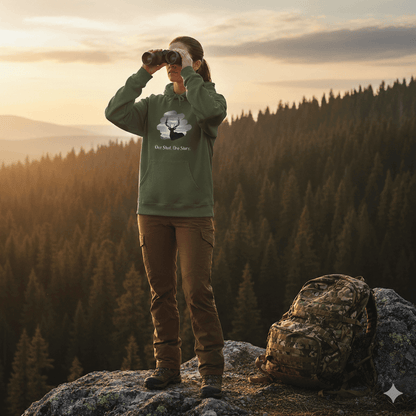Woman in Elk Hunting Hoodie – Custom Mantra Outdoorsmen Gift Sweatshirt using binoculars on mountain hike at sunset.