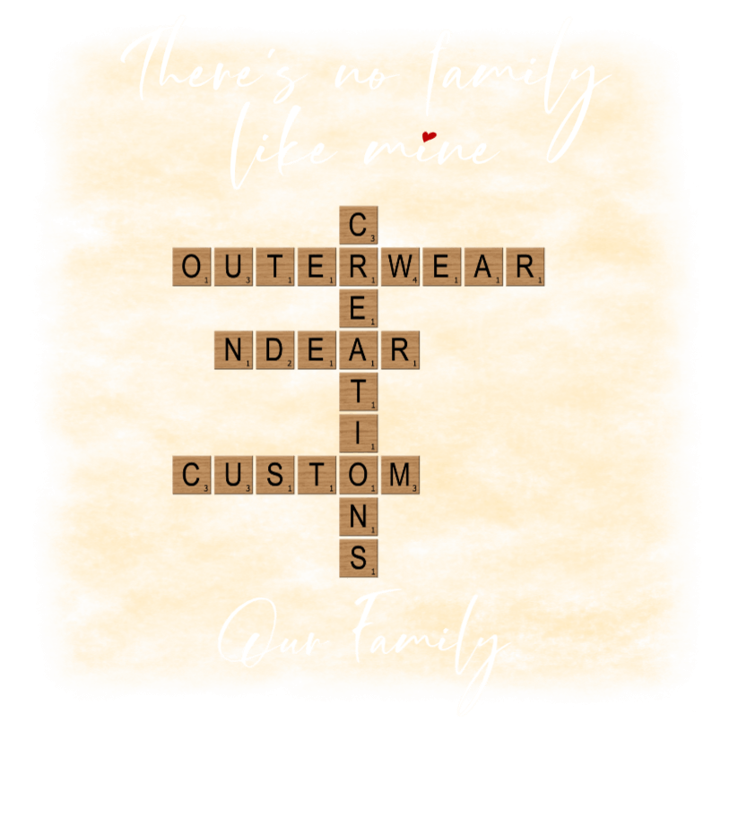 Scrabble-style art featuring the phrase 'There's no family like mine' with words like 'custom' and 'creations'.