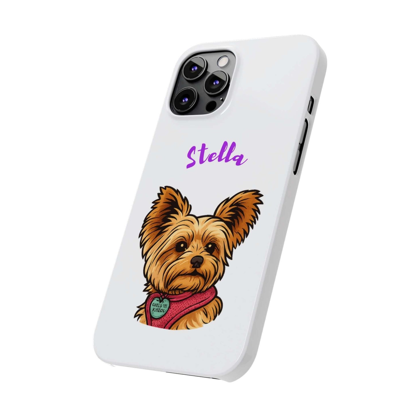 Custom cartoon dog phone case featuring a Yorkie named Stella, vibrant design on a glossy white background.