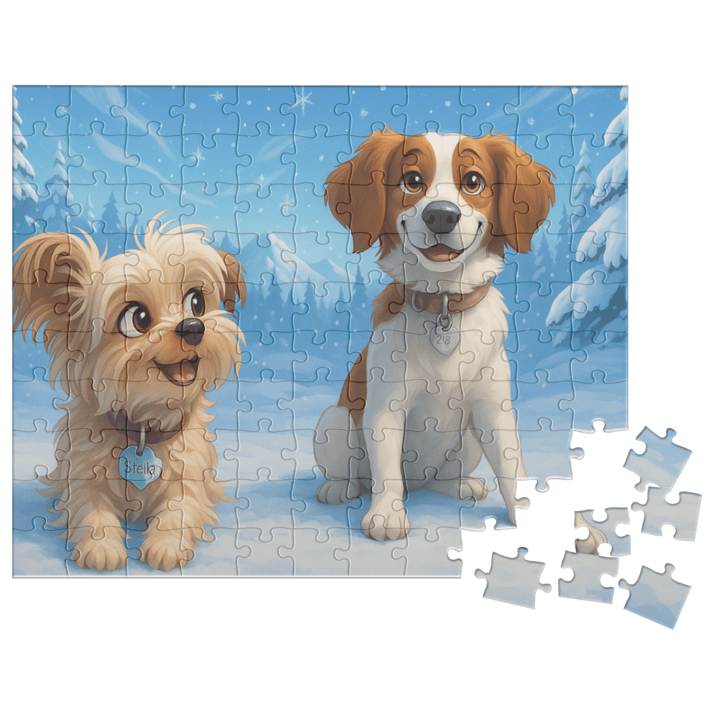 Winter Cartoon Puzzle – Personalized Keepsake for Kids & Families (4 Sizes) featuring two playful dogs in a snowy scene.