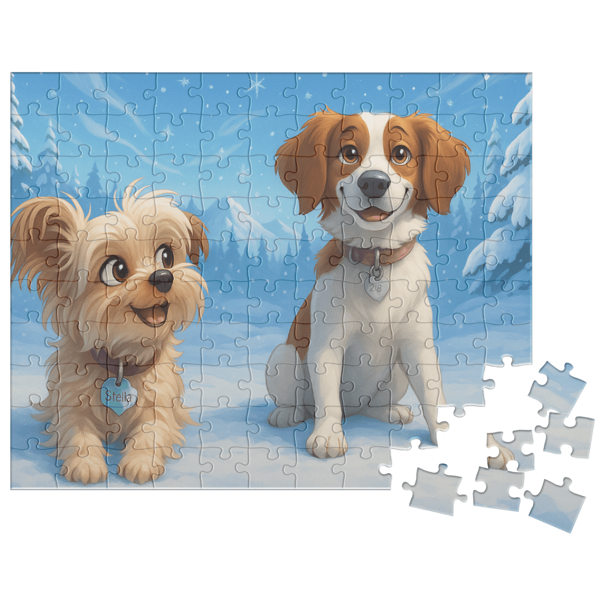 Winter Cartoon Puzzle – Personalized Keepsake for Kids & Families (4 Sizes) featuring two playful dogs in a snowy scene.