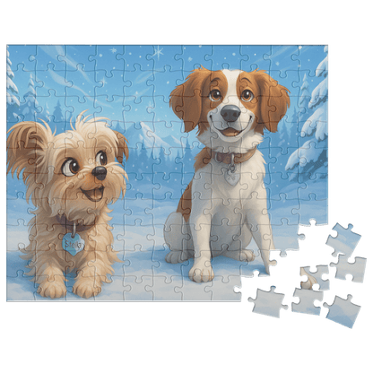 Winter Cartoon Puzzle – Personalized Keepsake for Kids & Families (4 Sizes) featuring two playful dogs in a snowy scene.