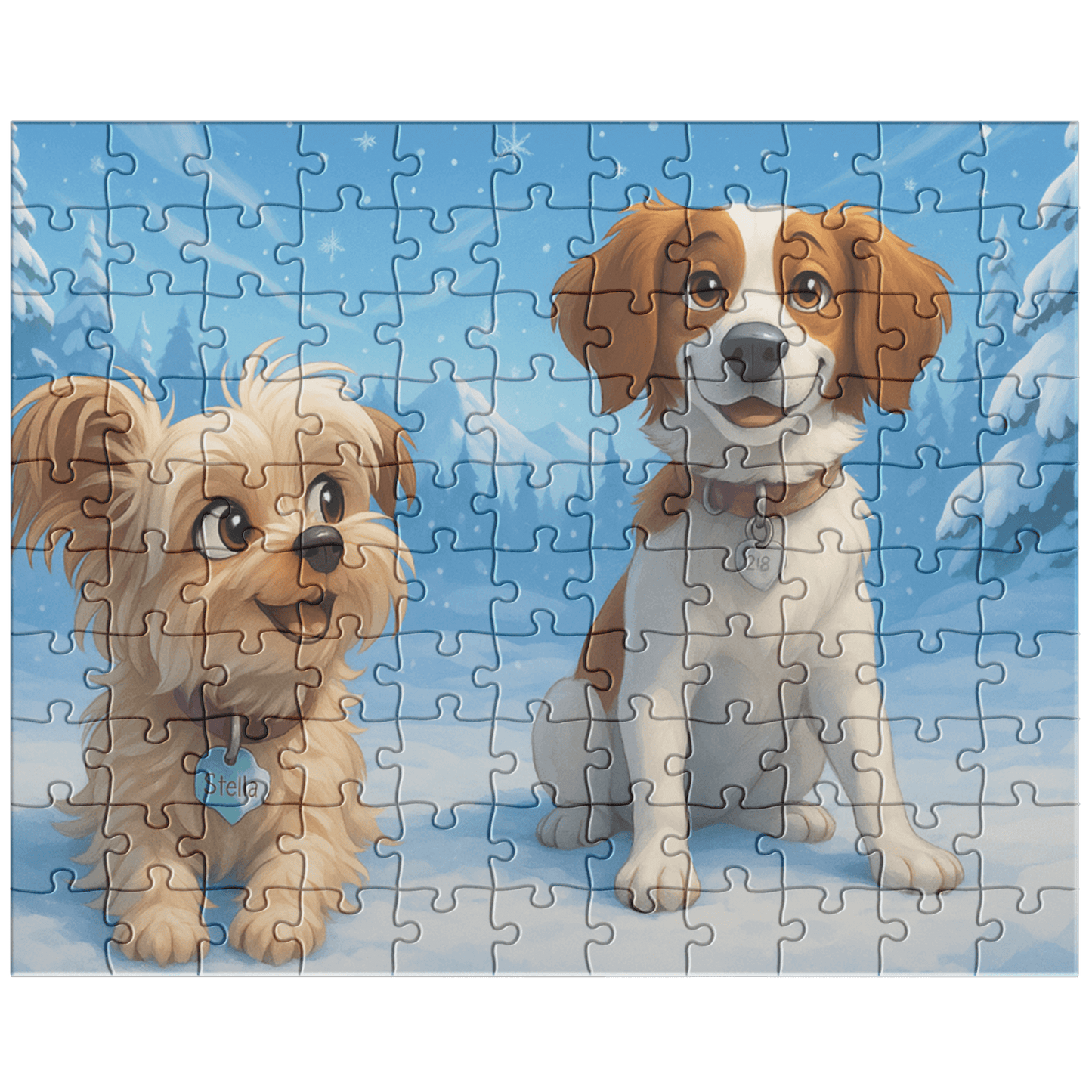 Winter Cartoon Puzzle – Personalized Keepsake for Kids & Families (4 Sizes) featuring two playful dogs in snow.