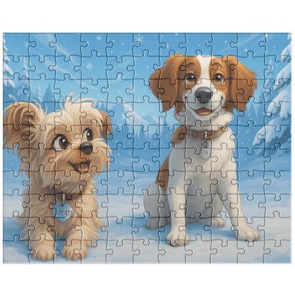 Winter Cartoon Puzzle – Personalized Keepsake for Kids & Families (4 Sizes) featuring two playful dogs in snow.