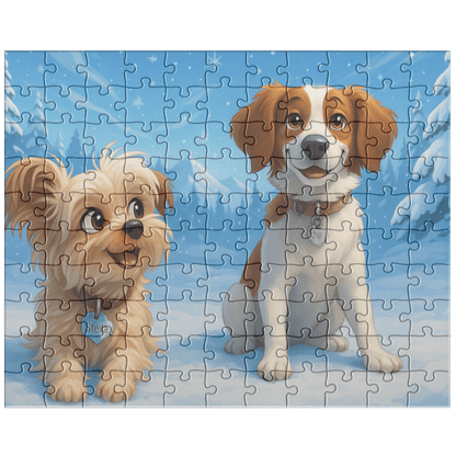 Winter Cartoon Puzzle – Personalized Keepsake for Kids & Families (4 Sizes) featuring cute cartoon dogs in a snowy scene.
