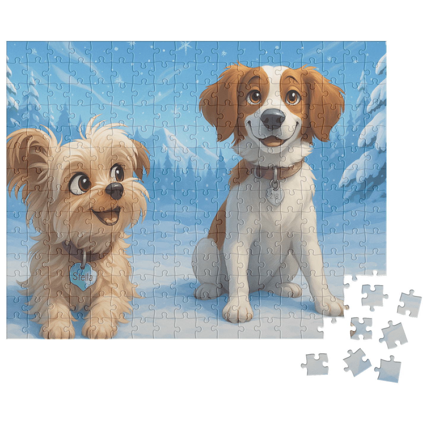 Winter Cartoon Puzzle – Personalized Keepsake for Kids & Families (4 Sizes) featuring two happy dogs in snow.