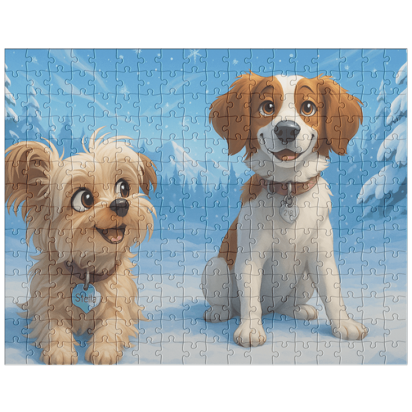 Winter Cartoon Puzzle – Personalized Keepsake for Kids & Families (4 Sizes) featuring adorable cartoon dogs in a snowy scene.