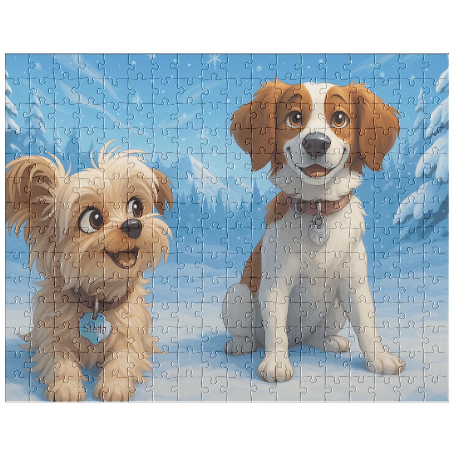 Winter Cartoon Puzzle – Personalized Keepsake for Kids & Families (4 Sizes) featuring two cute dogs in a snowy scene.