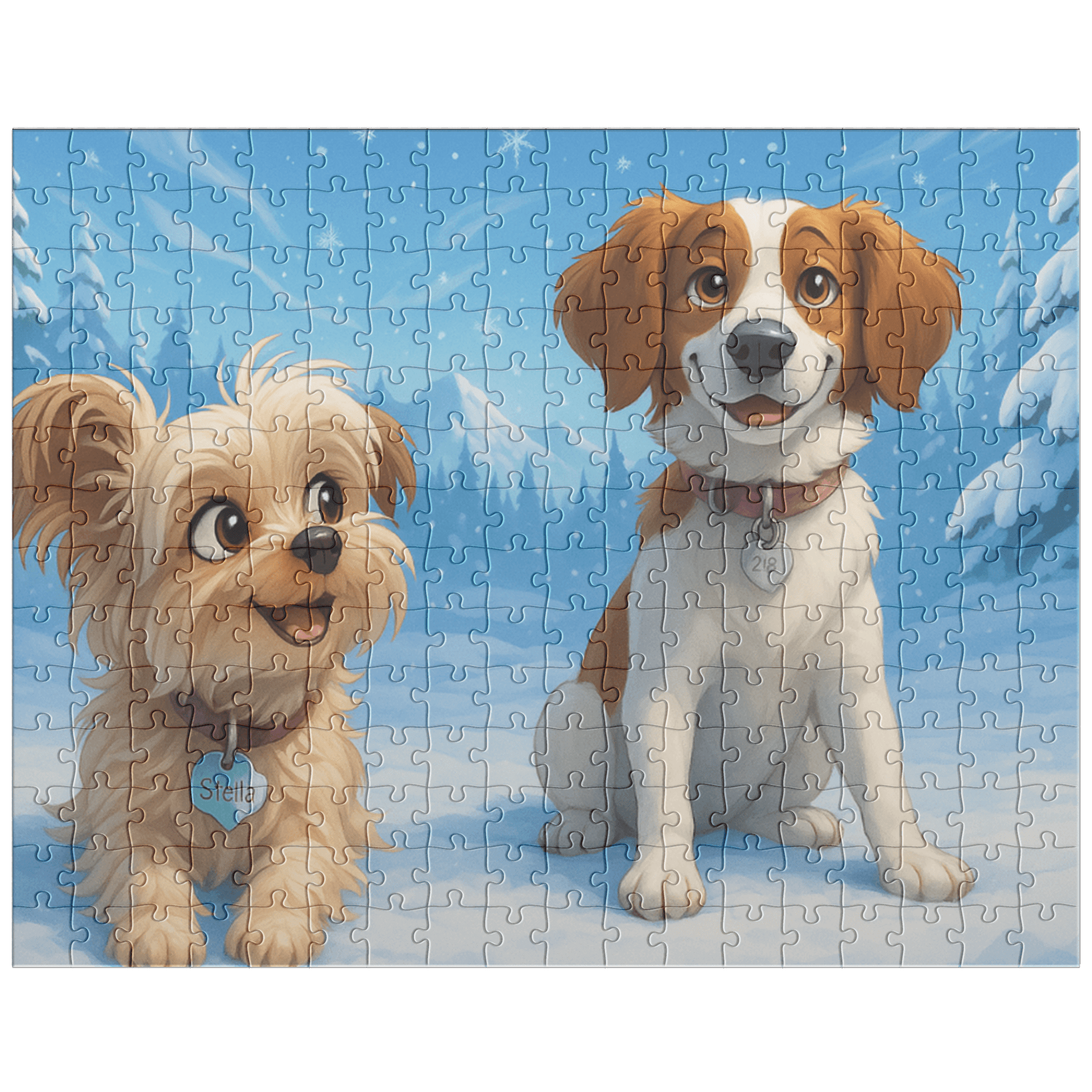 Winter Cartoon Puzzle – Personalized Keepsake for Kids & Families (4 Sizes) featuring two cute dogs in a snowy scene.