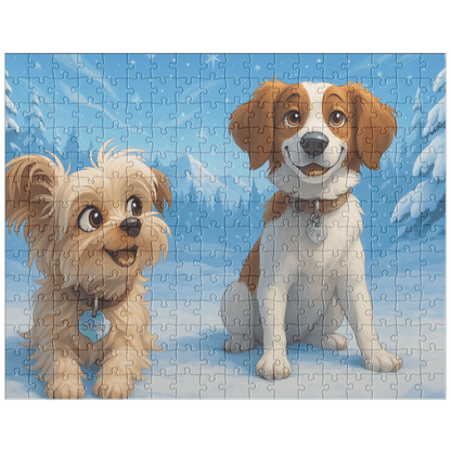 Winter Cartoon Puzzle – Personalized Keepsake for Kids & Families (4 Sizes) featuring two cute dogs in a snowy scene.