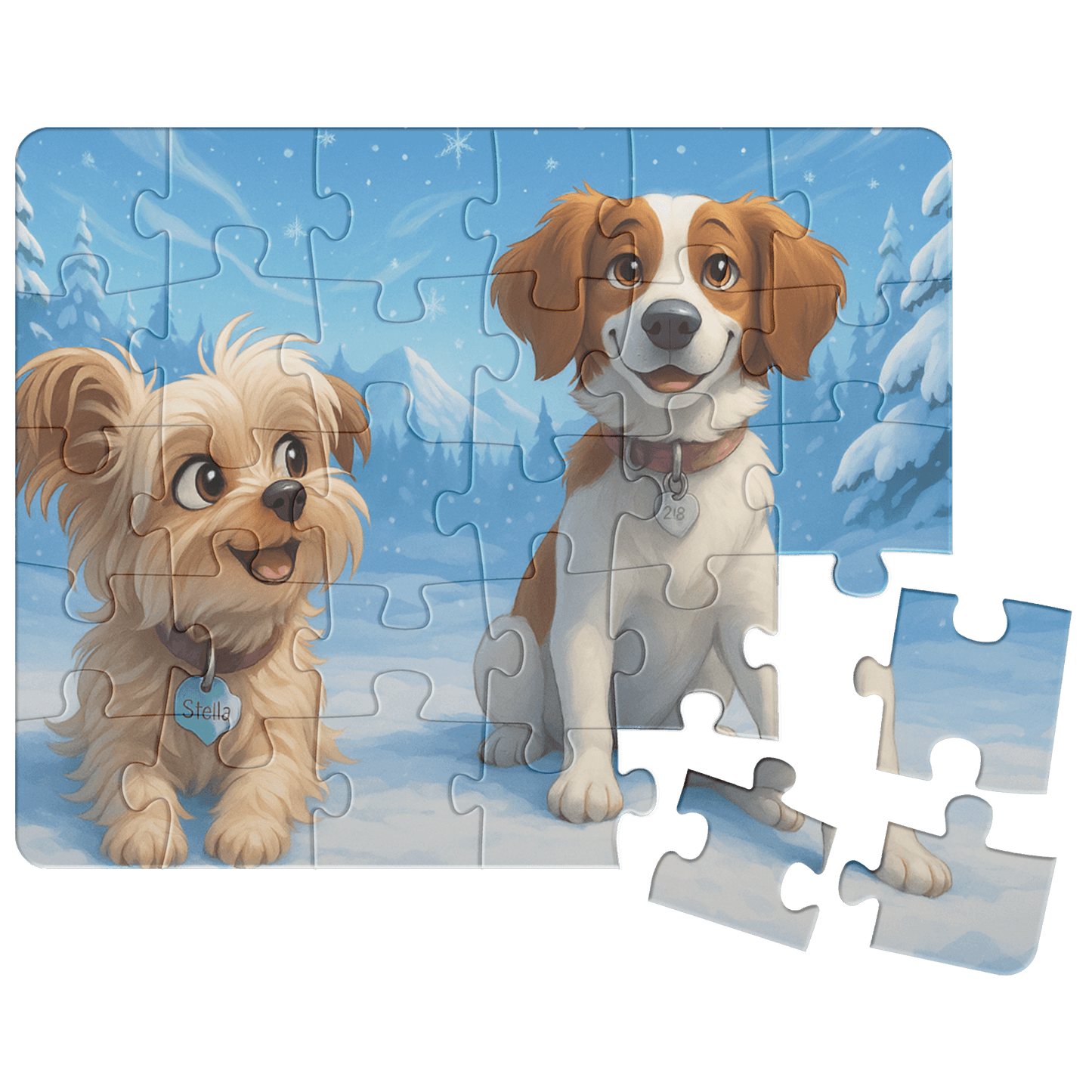 Winter Cartoon Puzzle – Personalized Keepsake for Kids & Families (4 Sizes) featuring playful dogs in snow.
