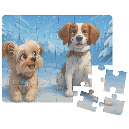 Winter Cartoon Puzzle – Personalized Keepsake for Kids & Families (4 Sizes) featuring playful dogs in snow.