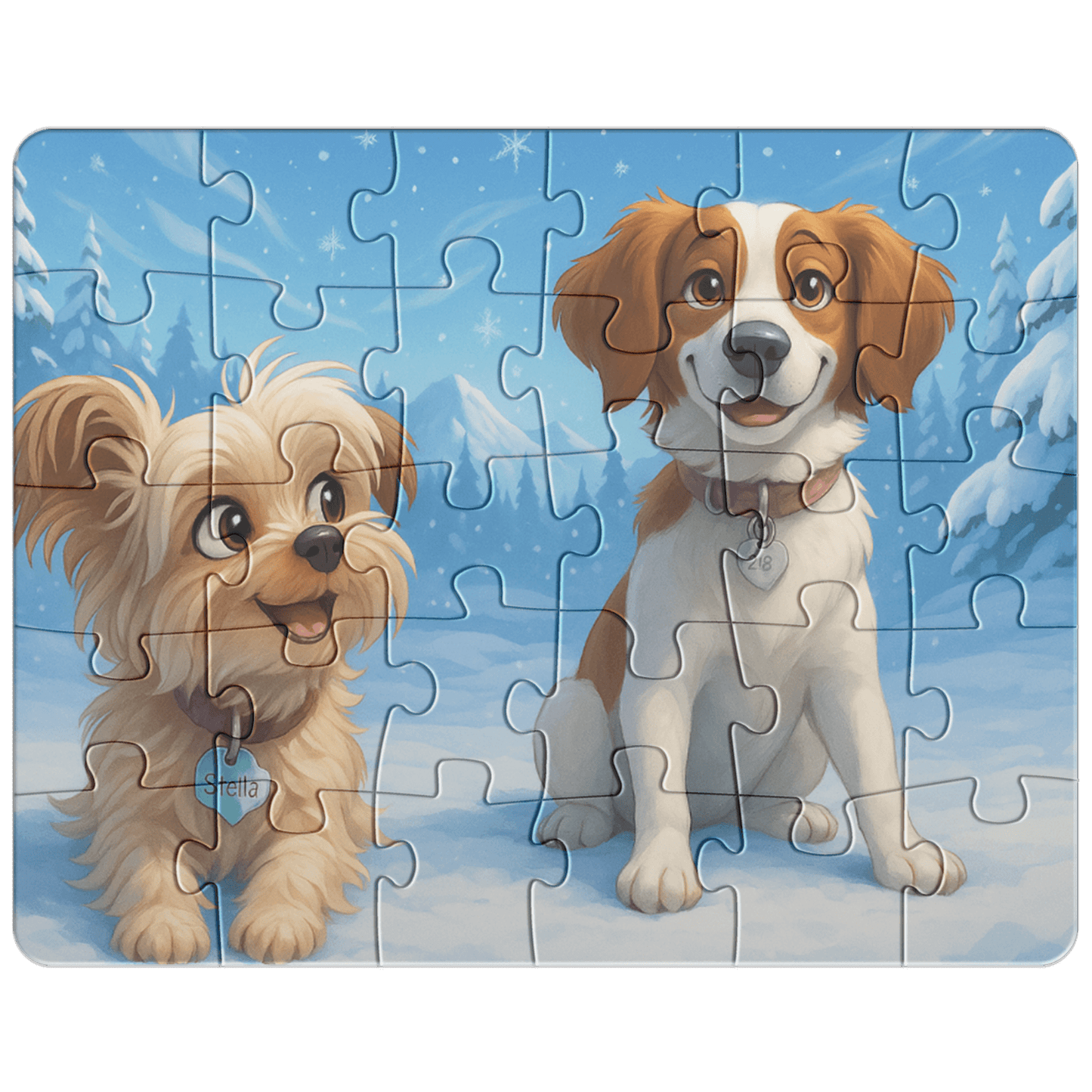 Winter Cartoon Puzzle – Personalized Keepsake for Kids & Families (4 Sizes) featuring two cute animated dogs.