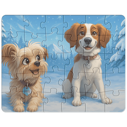 Winter Cartoon Puzzle – Personalized Keepsake for Kids & Families (4 Sizes) featuring two cute animated dogs.