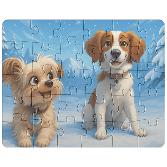 Winter Cartoon Puzzle – Personalized Keepsake for Kids & Families (4 Sizes) featuring two cute animated dogs.