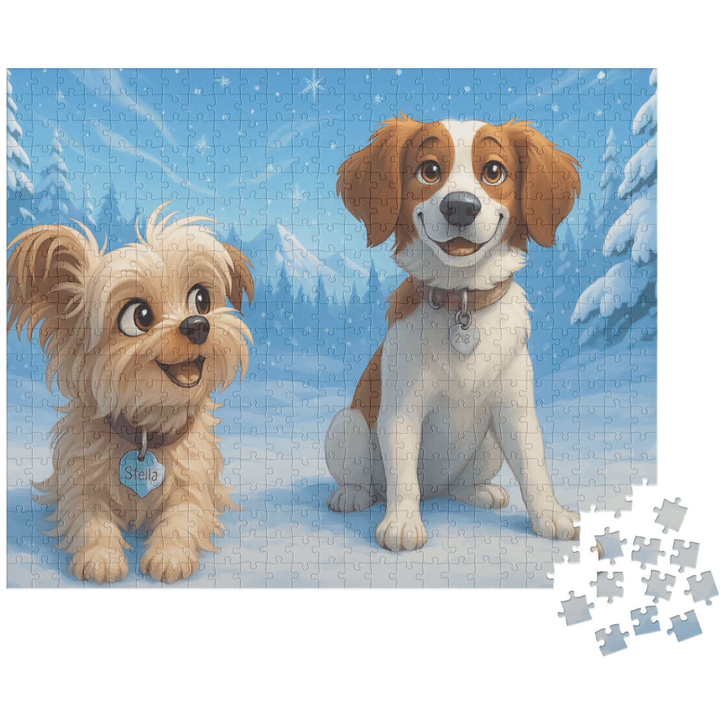 Winter Cartoon Puzzle – Personalized Keepsake for Kids & Families (4 Sizes) featuring two happy dogs in a snowy landscape.