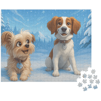 Winter Cartoon Puzzle – Personalized Keepsake for Kids & Families (4 Sizes) featuring two happy dogs in a snowy landscape.