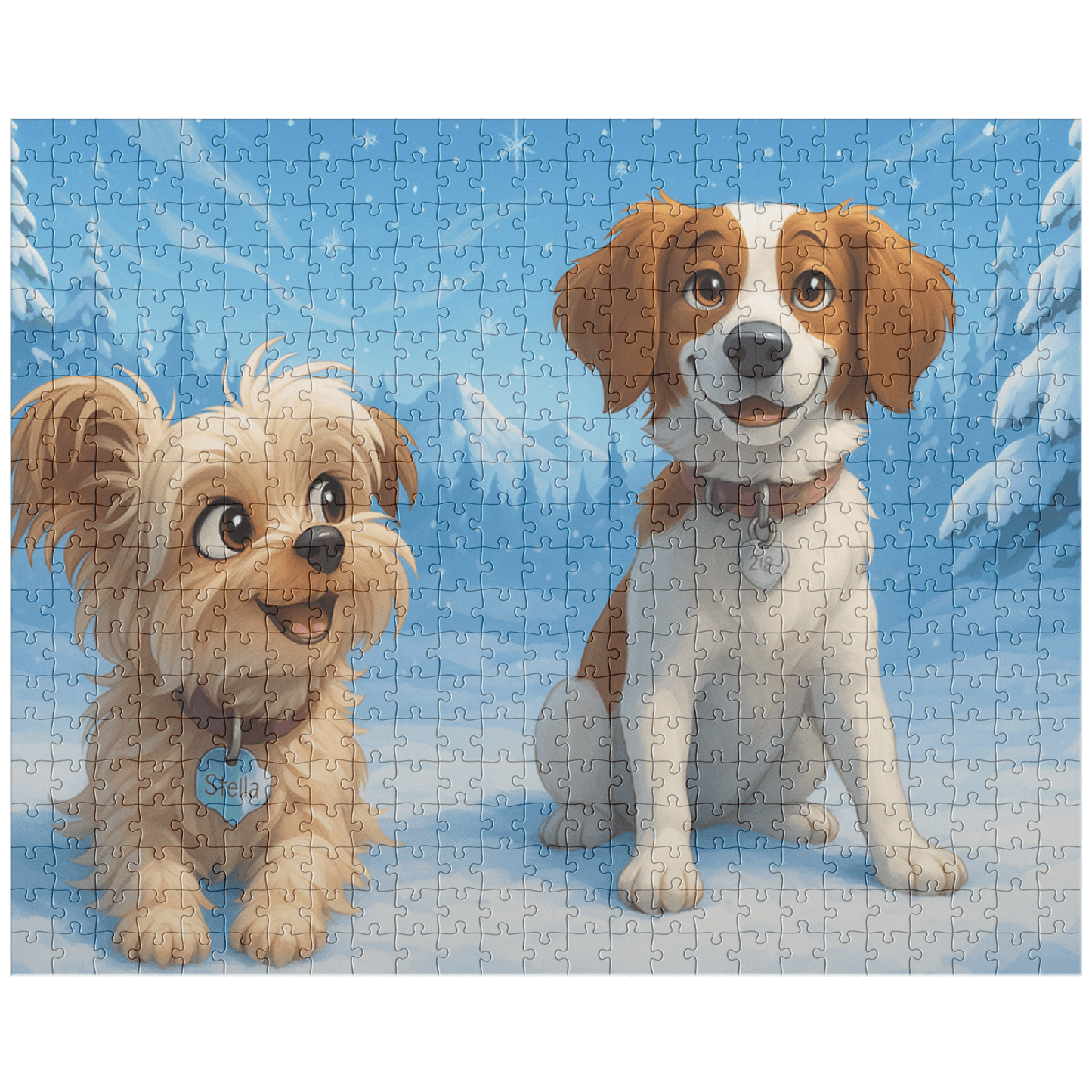 Winter Cartoon Puzzle – Personalized Keepsake for Kids & Families (4 Sizes) featuring adorable snowy dogs.