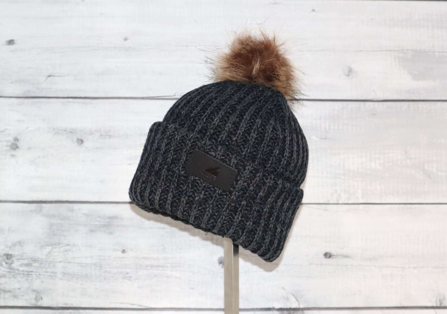 Toddler Acrylic Ribbed Cuff with Pom Hat – Cozy & Purposeful in dark gray with faux fur pom
