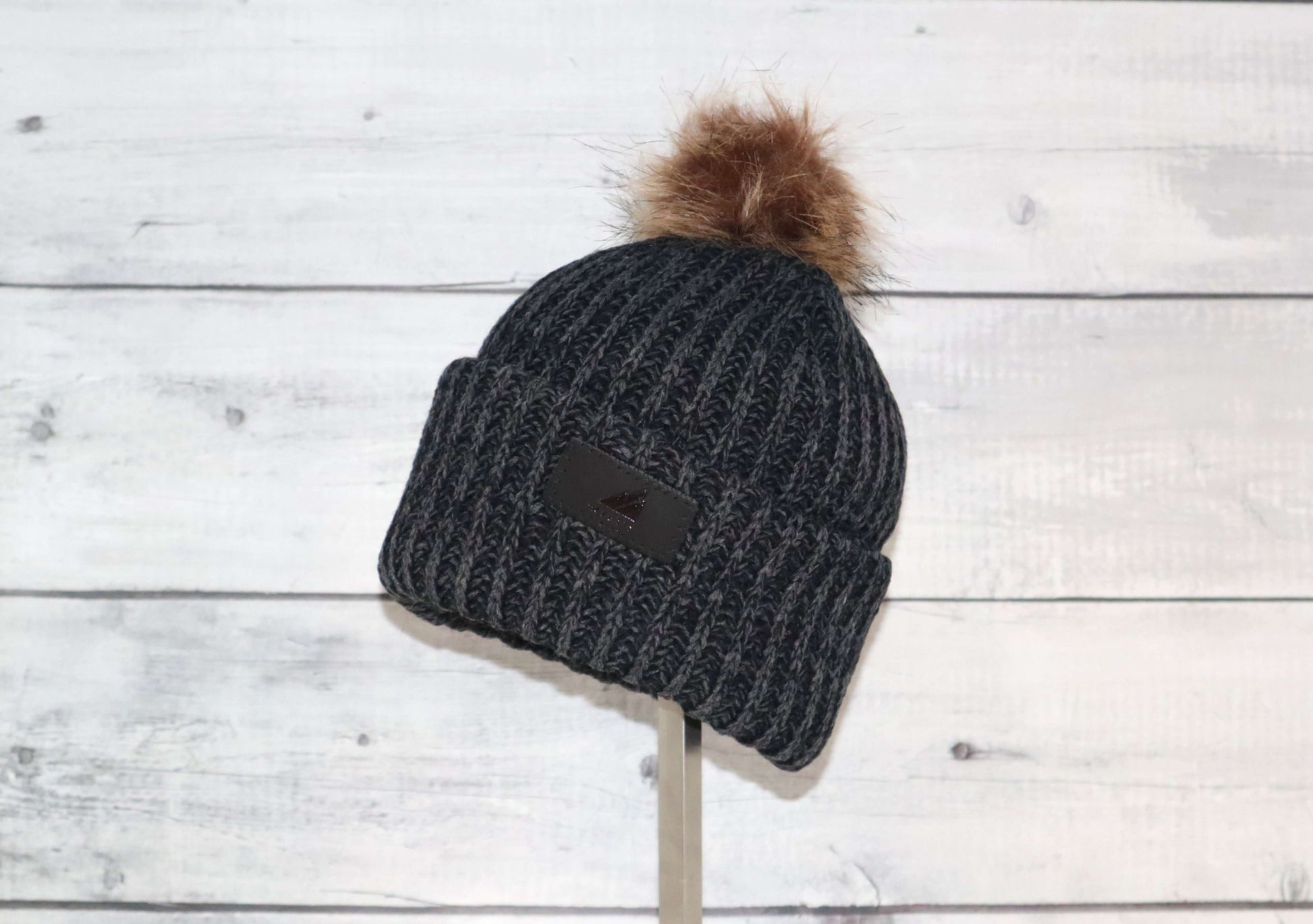 Toddler Acrylic Ribbed Cuff with Pom Hat – Cozy & Purposeful in dark gray with faux fur pom