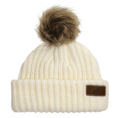 Toddler Acrylic Ribbed Cuff with Pom Hat – Cozy & Purposeful in soft cream color with fur pom-pom on top.