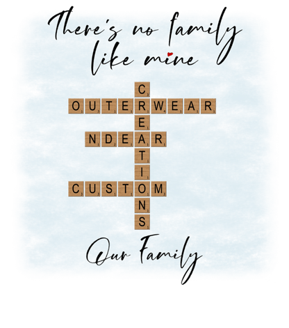 Customizable family quote design featuring crossword style lettering that celebrates unique family bonds.