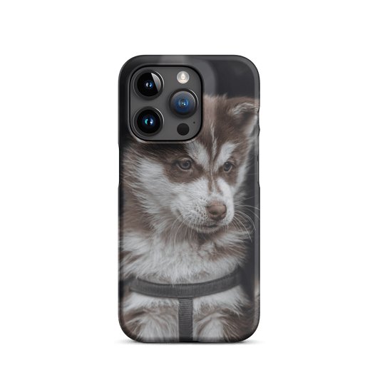 Custom iPhone case featuring an adorable brown and white puppy, showcasing stylish pet-themed design.