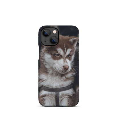 Custom iPhone case featuring a cute brown and white puppy, perfect for pet lovers and personalized style.