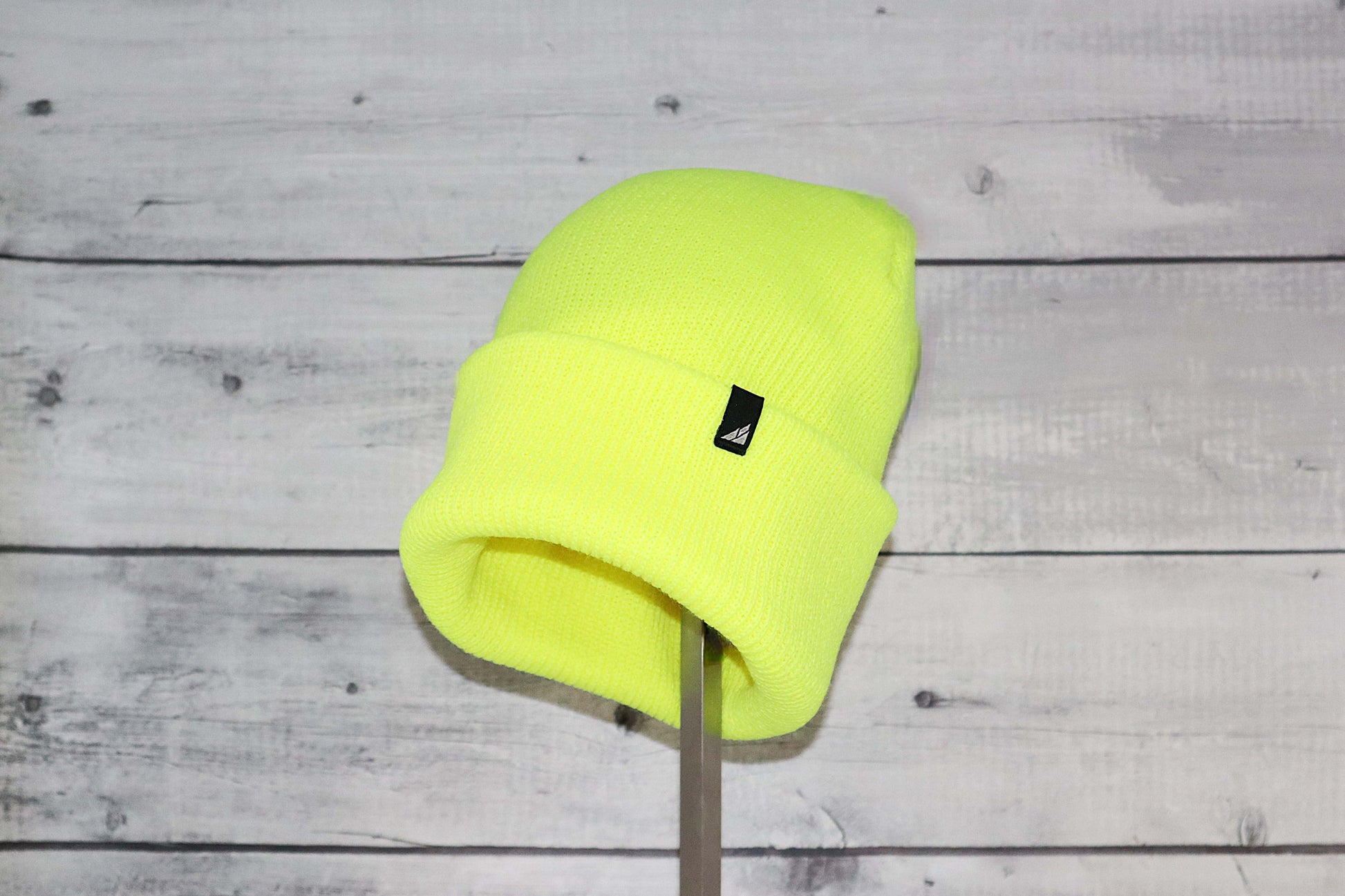 Adult Acrylic Cuff Hat – Soft Knit Beanie shown in bright neon yellow color.
