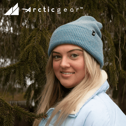 Adult Acrylic Cuff Hat – Soft Knit Beanie worn by a young woman in outdoor setting.