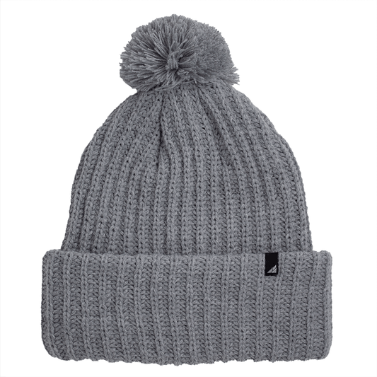 Adult Acrylic Ribbed Cuff Hat with Matching Pom – Cozy & Classic in grey color with playful pom.