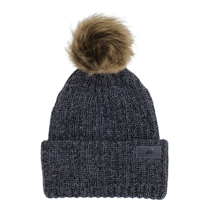 Adult Acrylic Ribbed Cuff with Pom Hat – Cozy, Classic, Giftable in dark gray with a stylish pom on top.