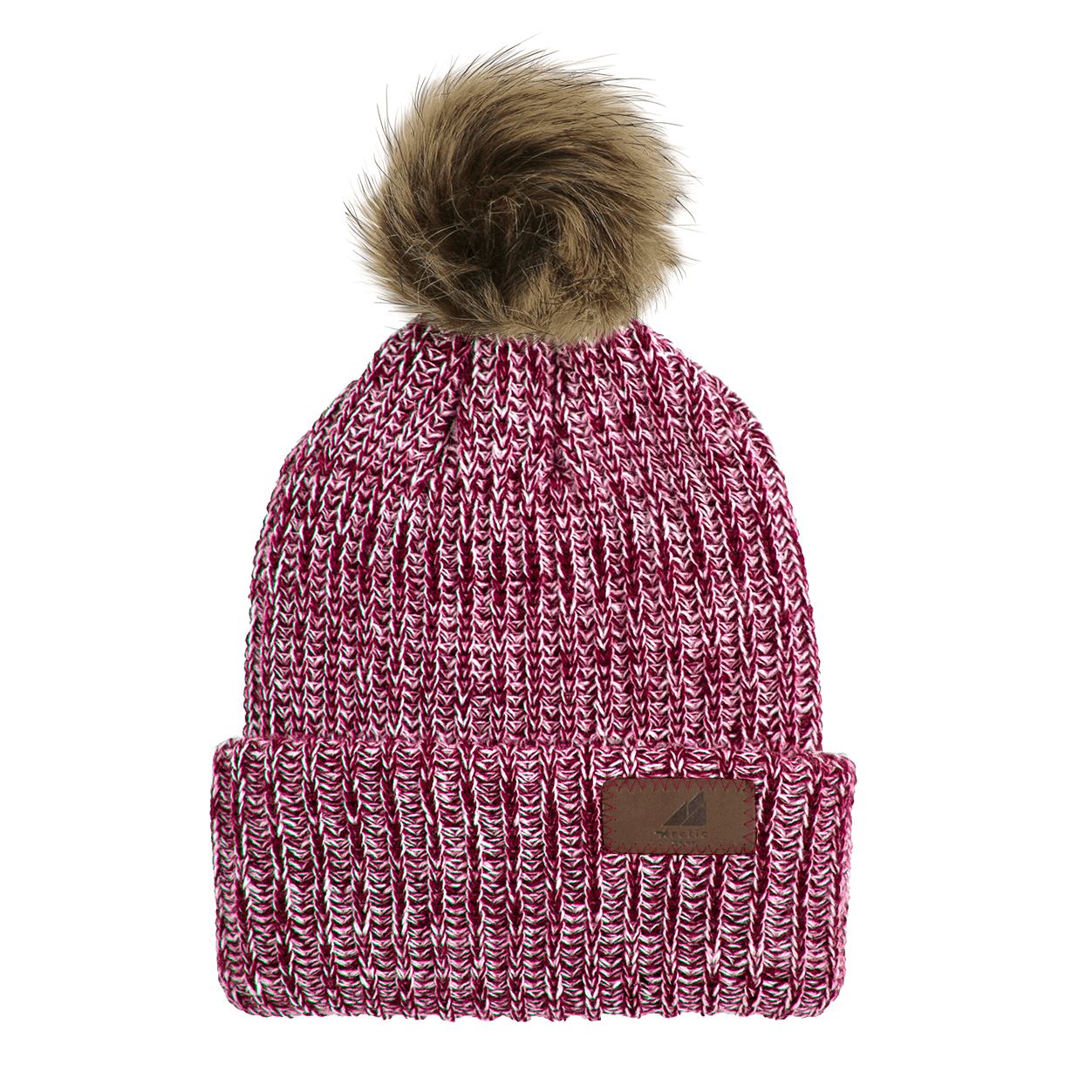 Adult Acrylic Ribbed Cuff with Pom Hat – Cozy, Classic, Giftable in a warm pink color with a playful pom on top.