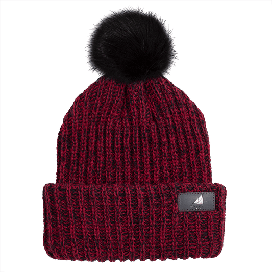 Adult Acrylic Ribbed Cuff with Pom Hat – Cozy, Classic, Giftable in burgundy color with a fluffy pom.